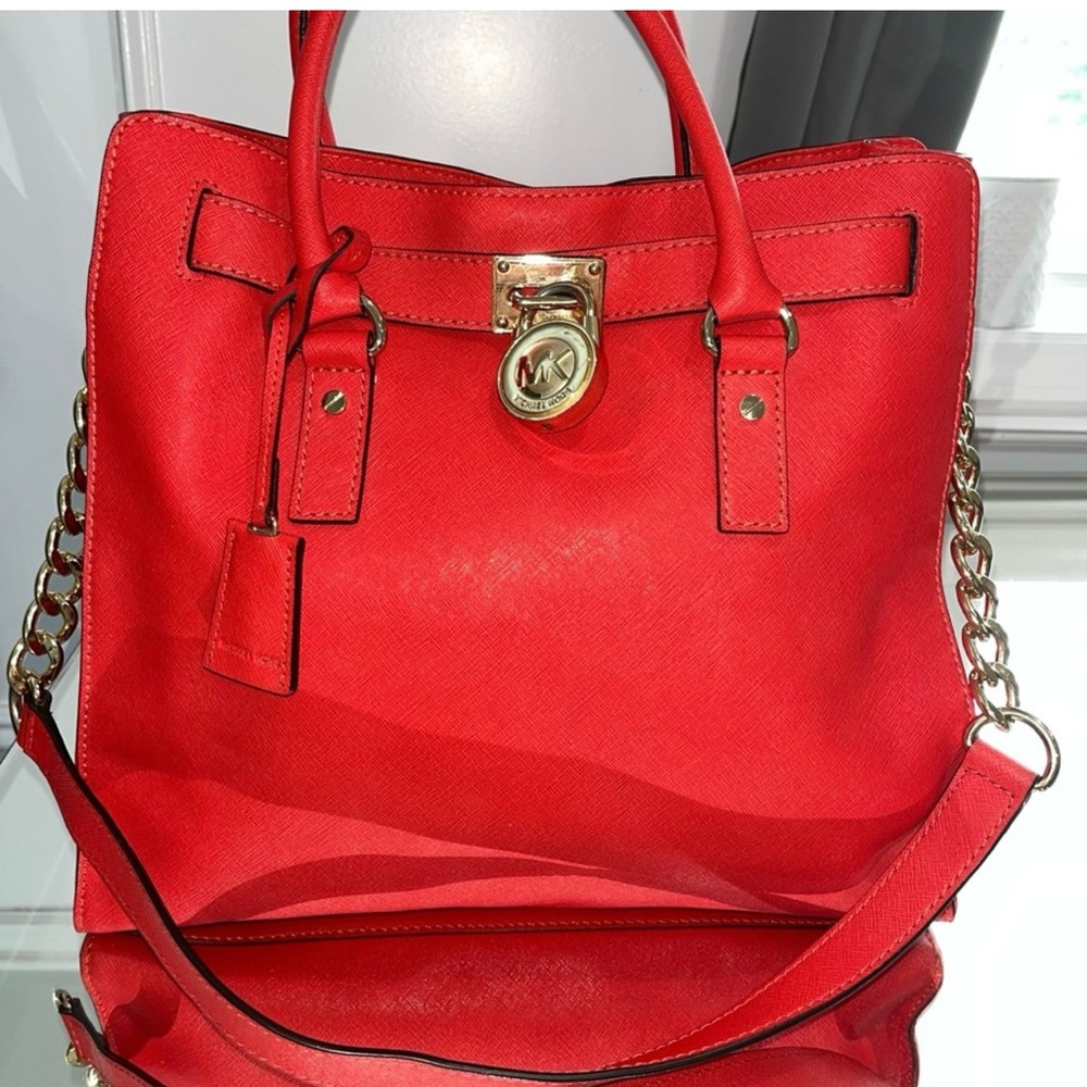 🌞MICHAEL KORS HAMILTON LARGE MANDARIN RED/GOLD SAFFIANO LEATHER TOTE BAG🌺